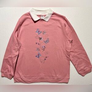 Vintage A. Delafield Pink Collared Sweatshirt Butterflies & Flowers Embroidery